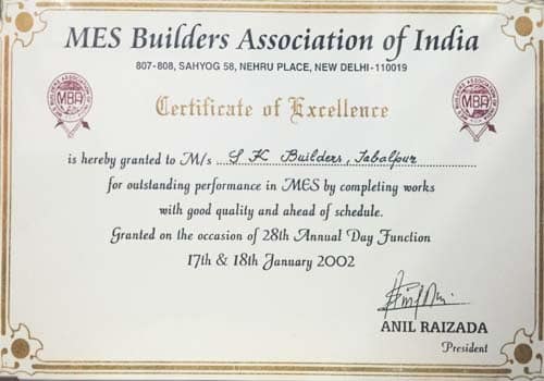 Certificate of Excellence awarded by the MES Builders Association of India to G.K. Builders, Jabalpur, recognizing outstanding performance, quality workmanship, and timely project completion.